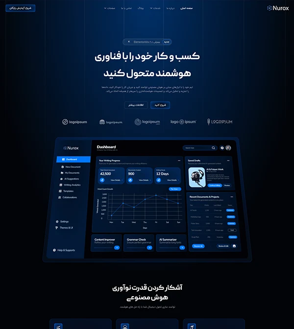 سایت آماده و کیت قالب المنتور وردپرس هوش مصنوعی نرم‌افزار و استارتاپ Nurox-کیت قالب و سایت آماده المنتوری وردپرس